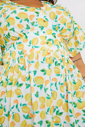 Lemon Print Button Detail Midi Dress